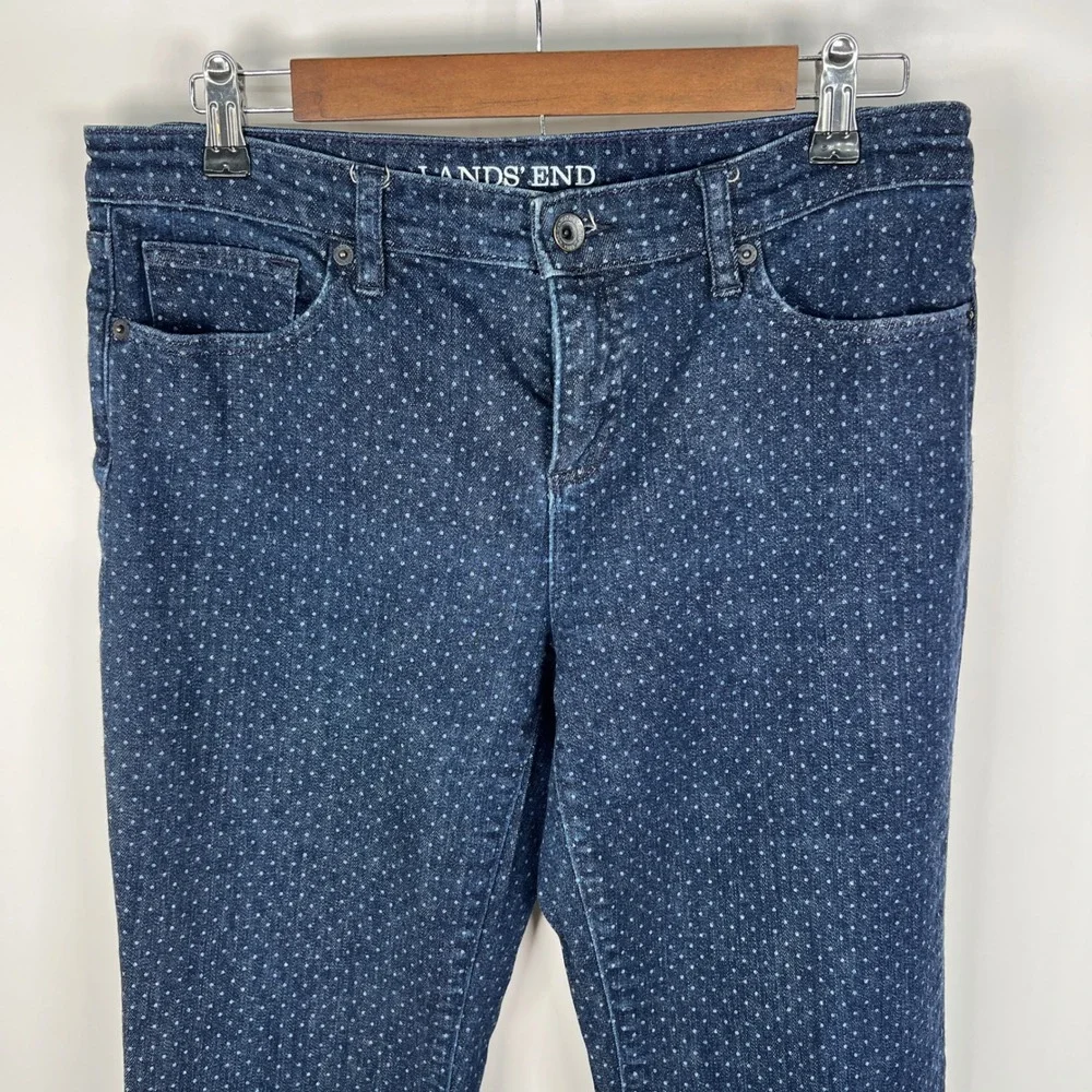 Lands End Womens 10P Polka Dot Straight Leg Jeans Dark Wash Blue Denim Fit‎ 2